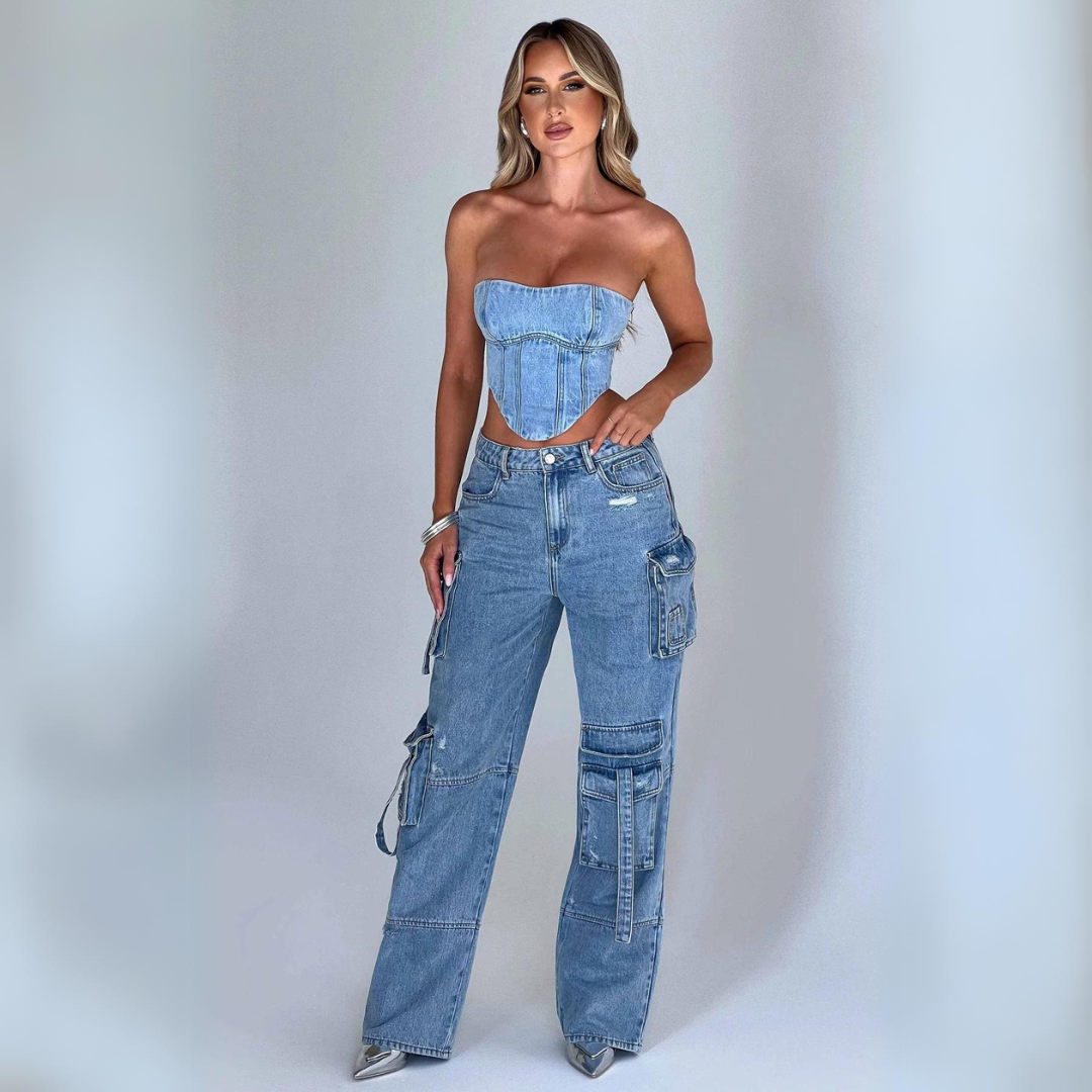Conjunto Jeans Cargo e Cropped Corset com Amarração
