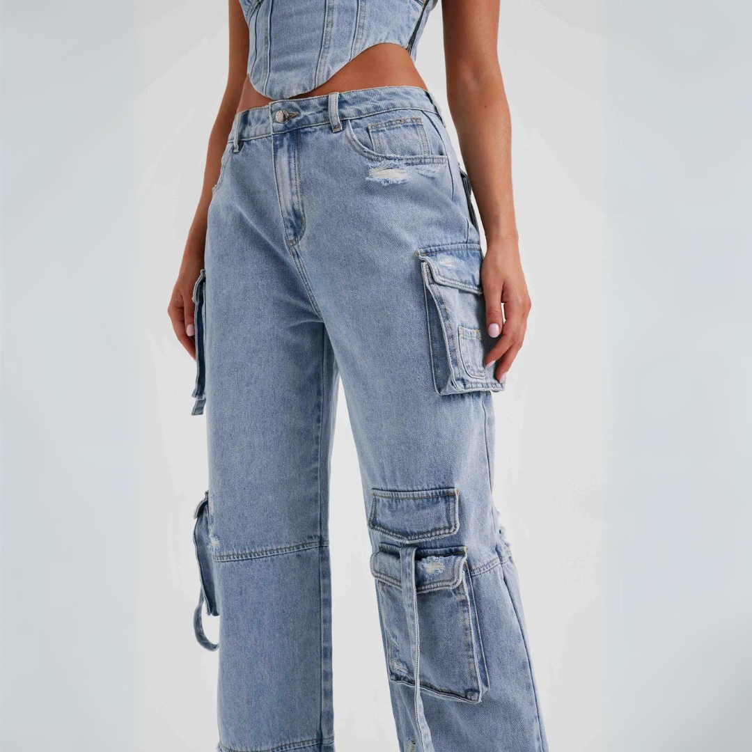 Conjunto Jeans Cargo e Cropped Corset com Amarração