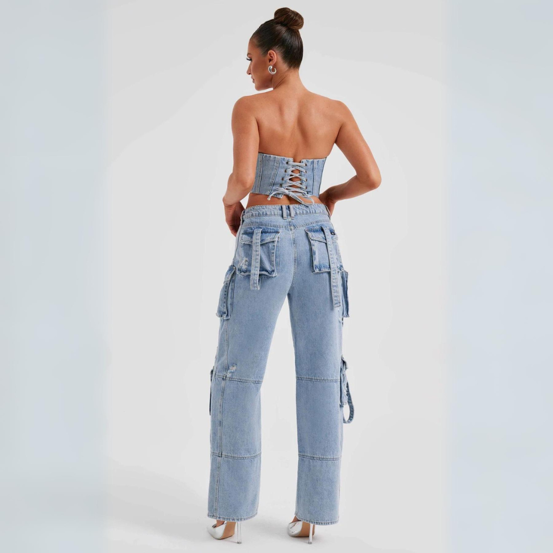 Conjunto Jeans Cargo e Cropped Corset com Amarração