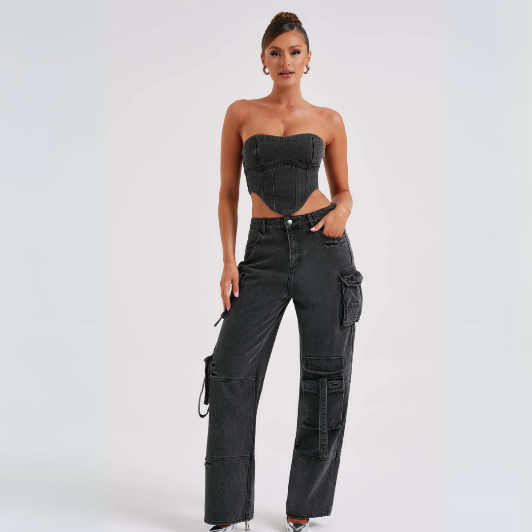 Conjunto Jeans Cargo e Cropped Corset com Amarração