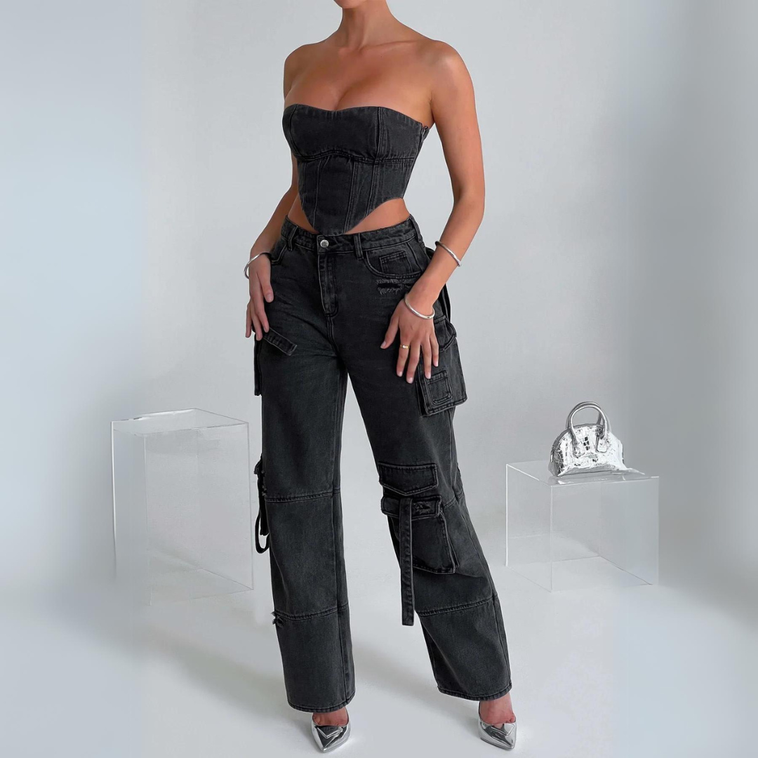 Conjunto Jeans Cargo e Cropped Corset com Amarração