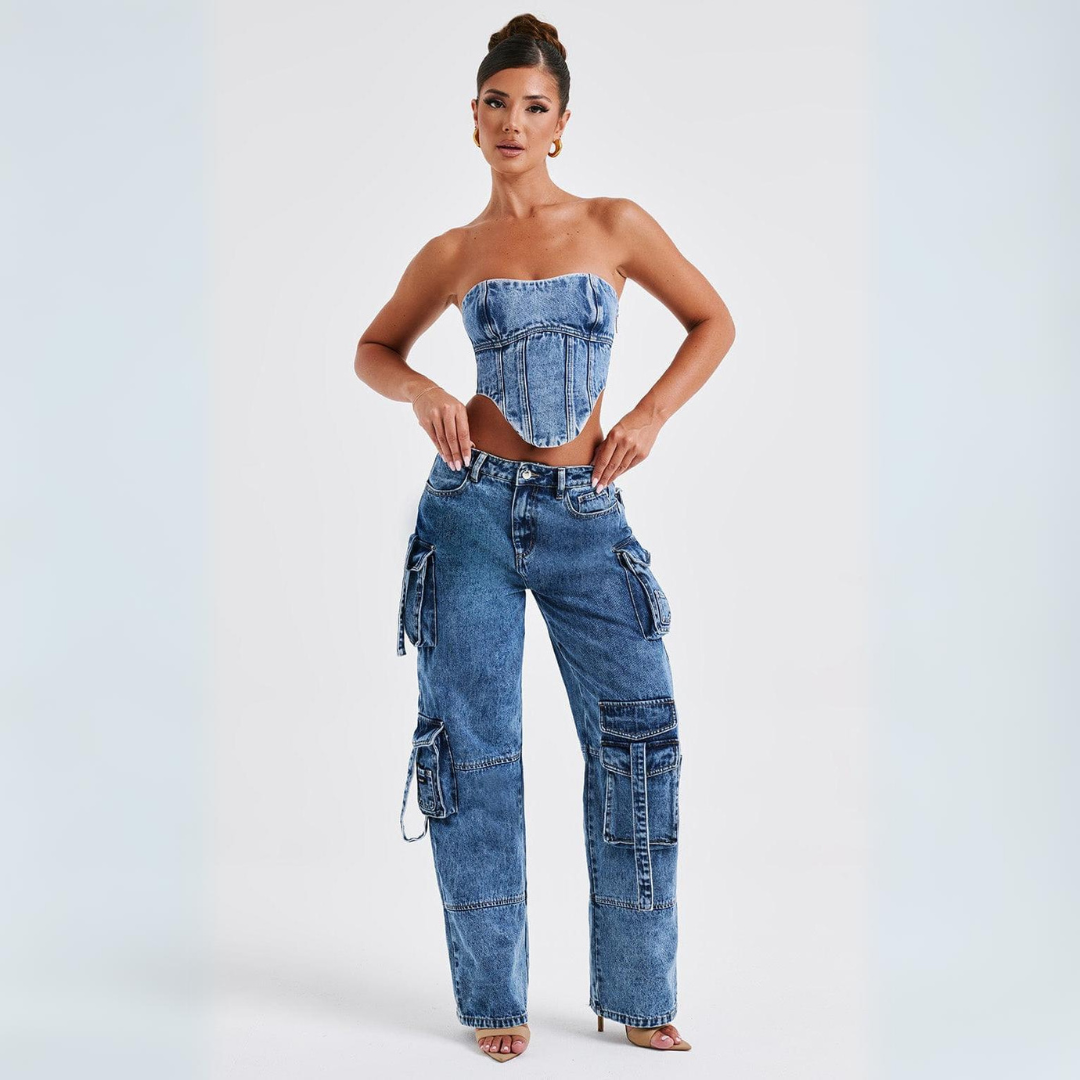 Conjunto Jeans Cargo e Cropped Corset com Amarração