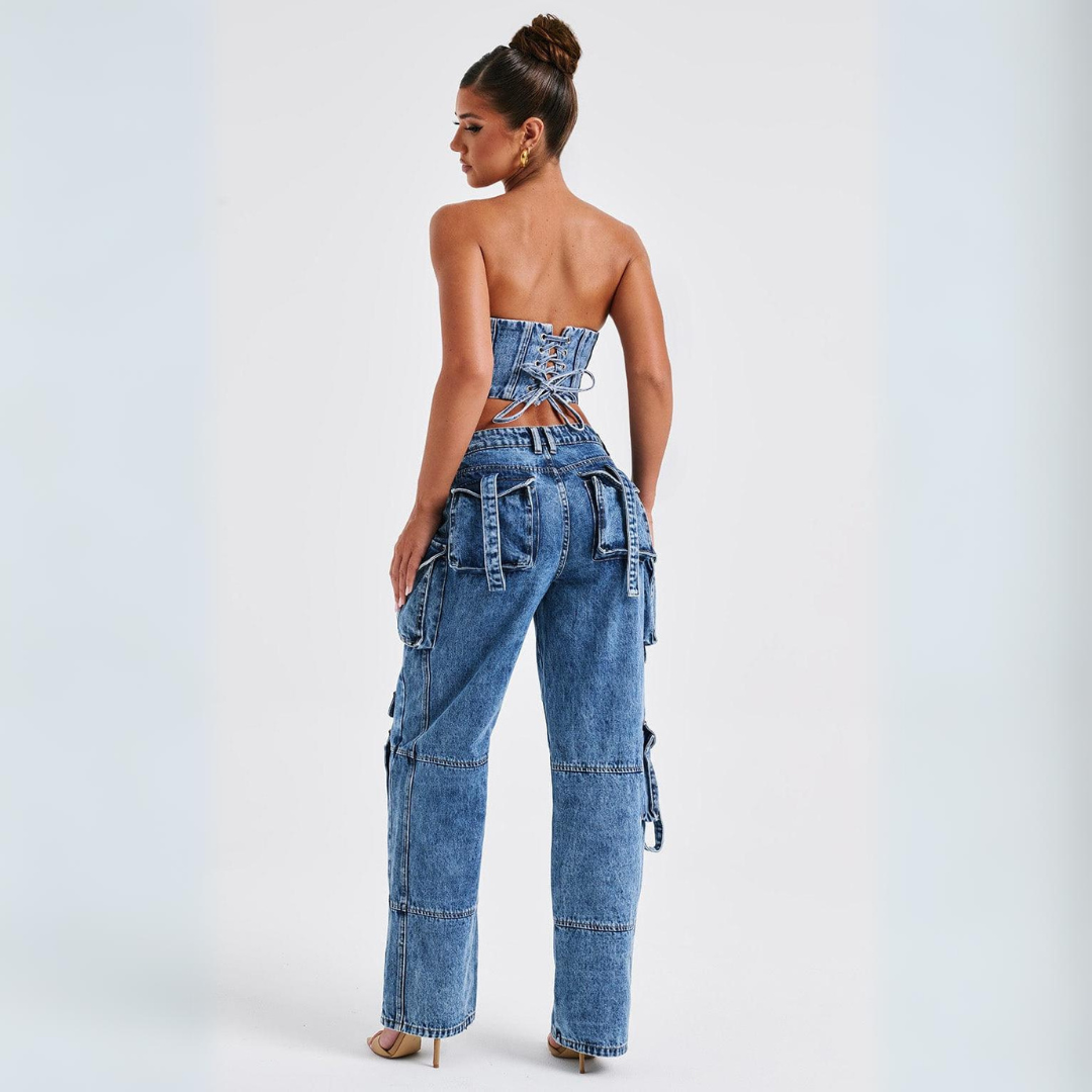 Conjunto Jeans Cargo e Cropped Corset com Amarração