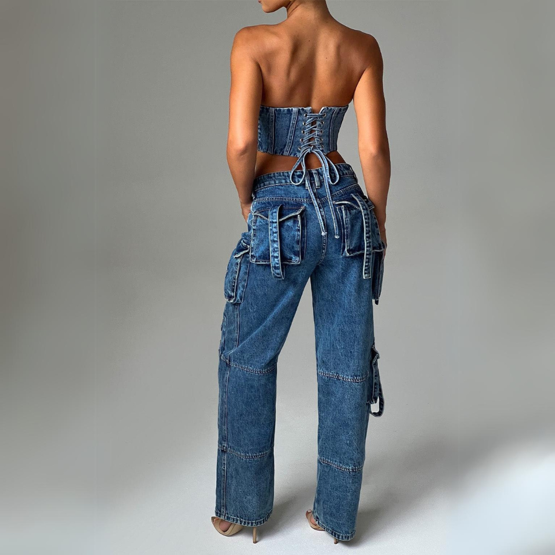Conjunto Jeans Cargo e Cropped Corset com Amarração