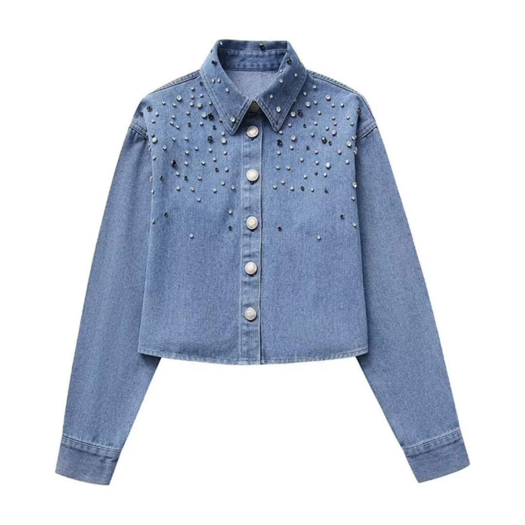 Blusa Cropped Jeans com Decoração em Strass