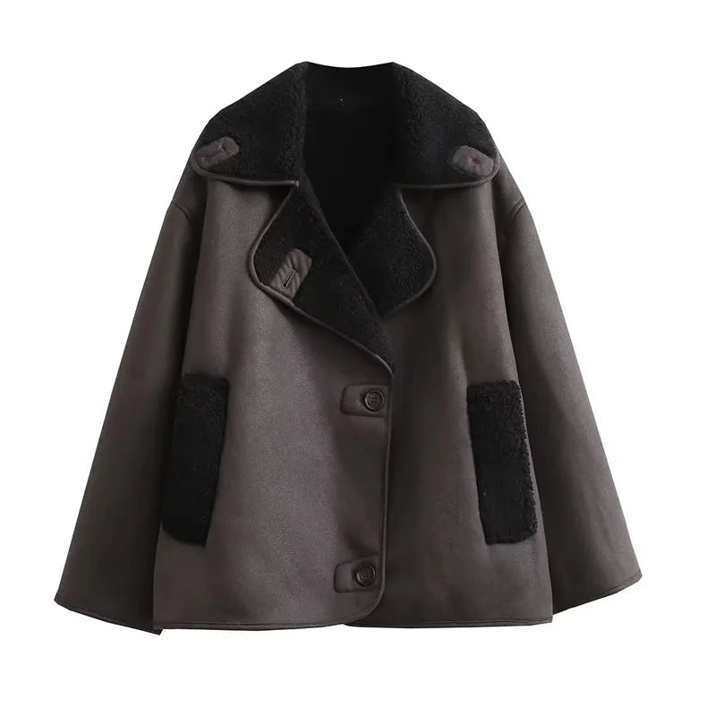 Jaqueta de Couro Oversized Forrada em Lã