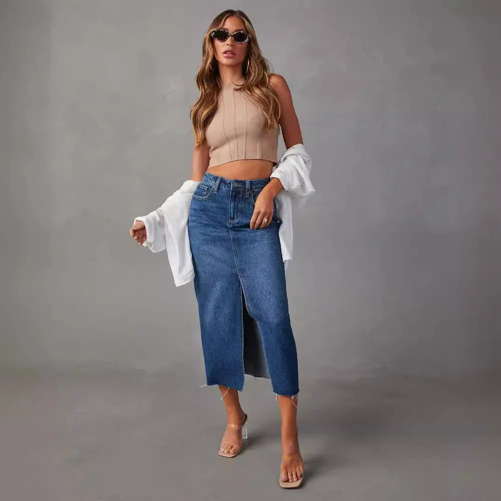Saia Jeans Midi com Fenda Frontal
