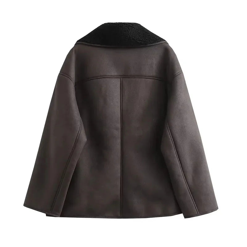 Jaqueta de Couro Oversized Forrada em Lã